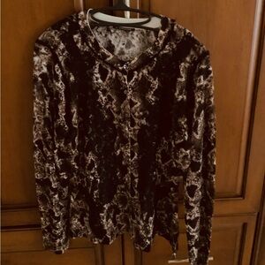 ELIE TAHARI BROWN SNAKESKIN PATTERN CARDIGAN TRIMMED IN BLACK LACE SZ XL